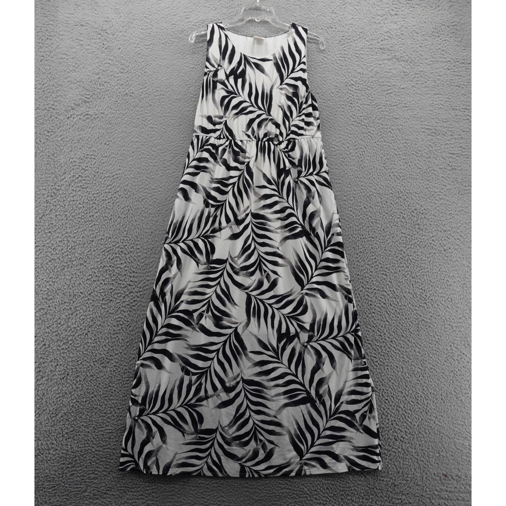Soma Sleeveless Knit Maxi Dress Large Black White Womens Palm Tropical Beach